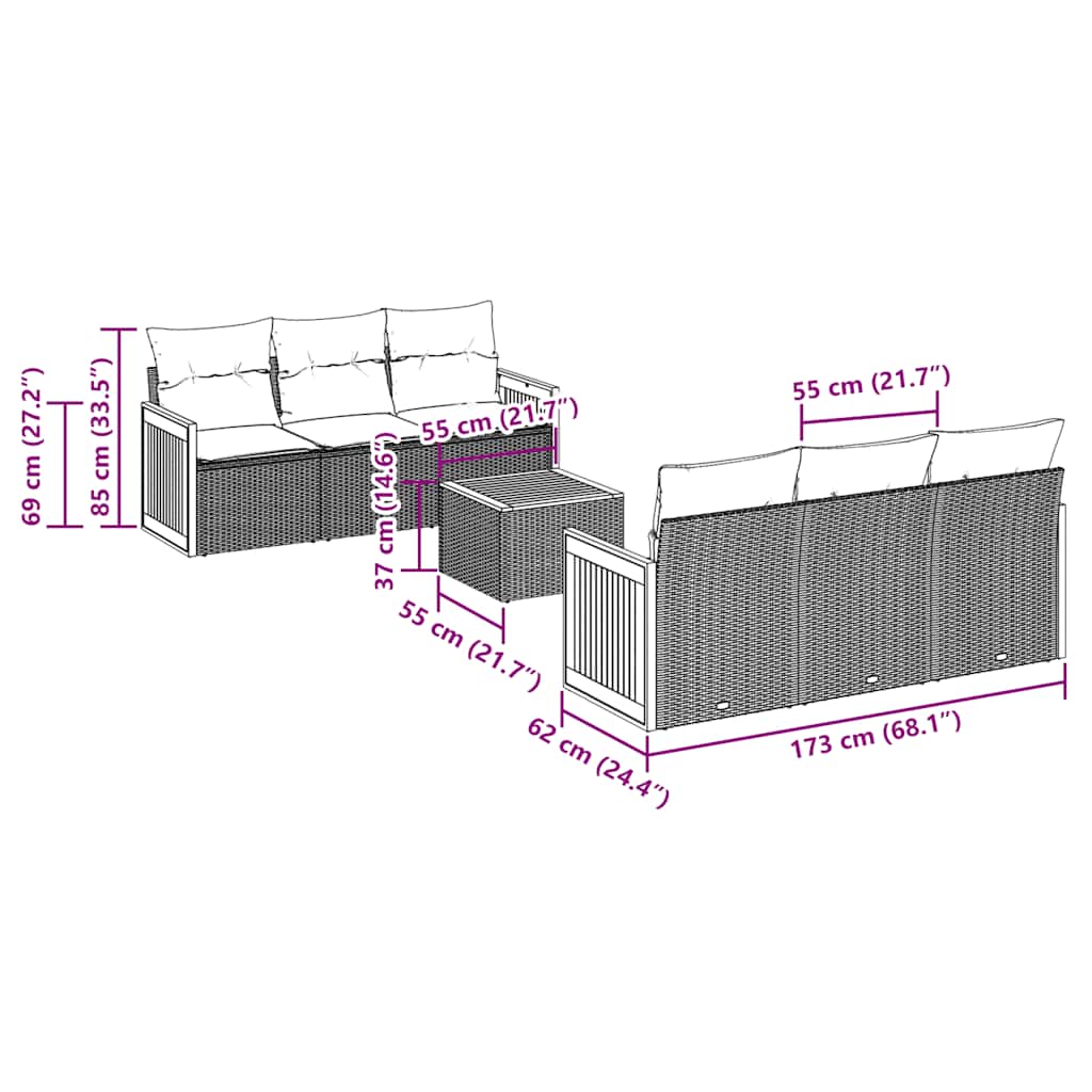 7-teiliges Gartensofa-Set mit Kissen, grau, Polyrattan