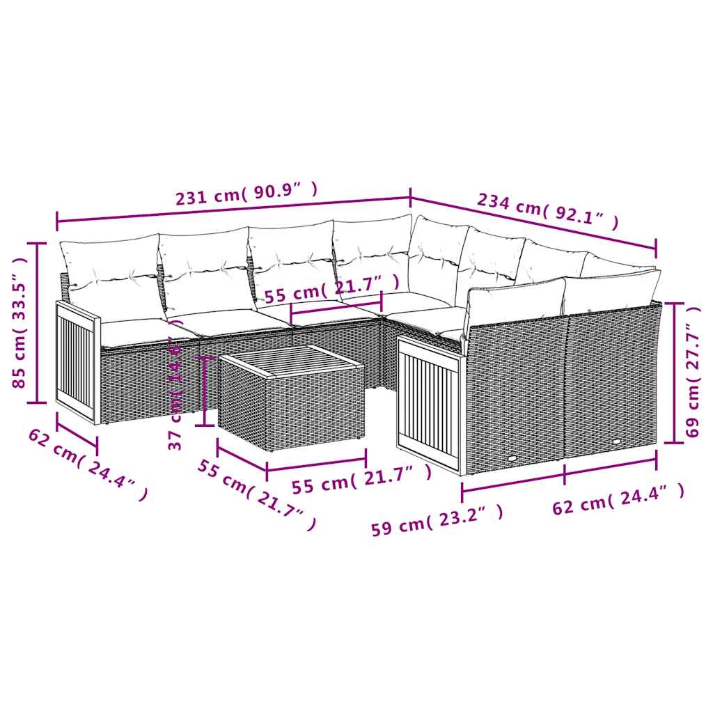 9-teiliges Gartensofa-Set mit Kissen, grau, Polyrattan