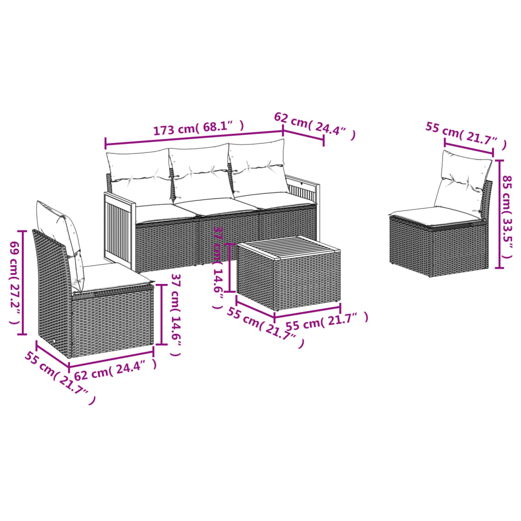 6-teiliges Gartensofa-Set mit Kissen, schwarzes Polyrattan