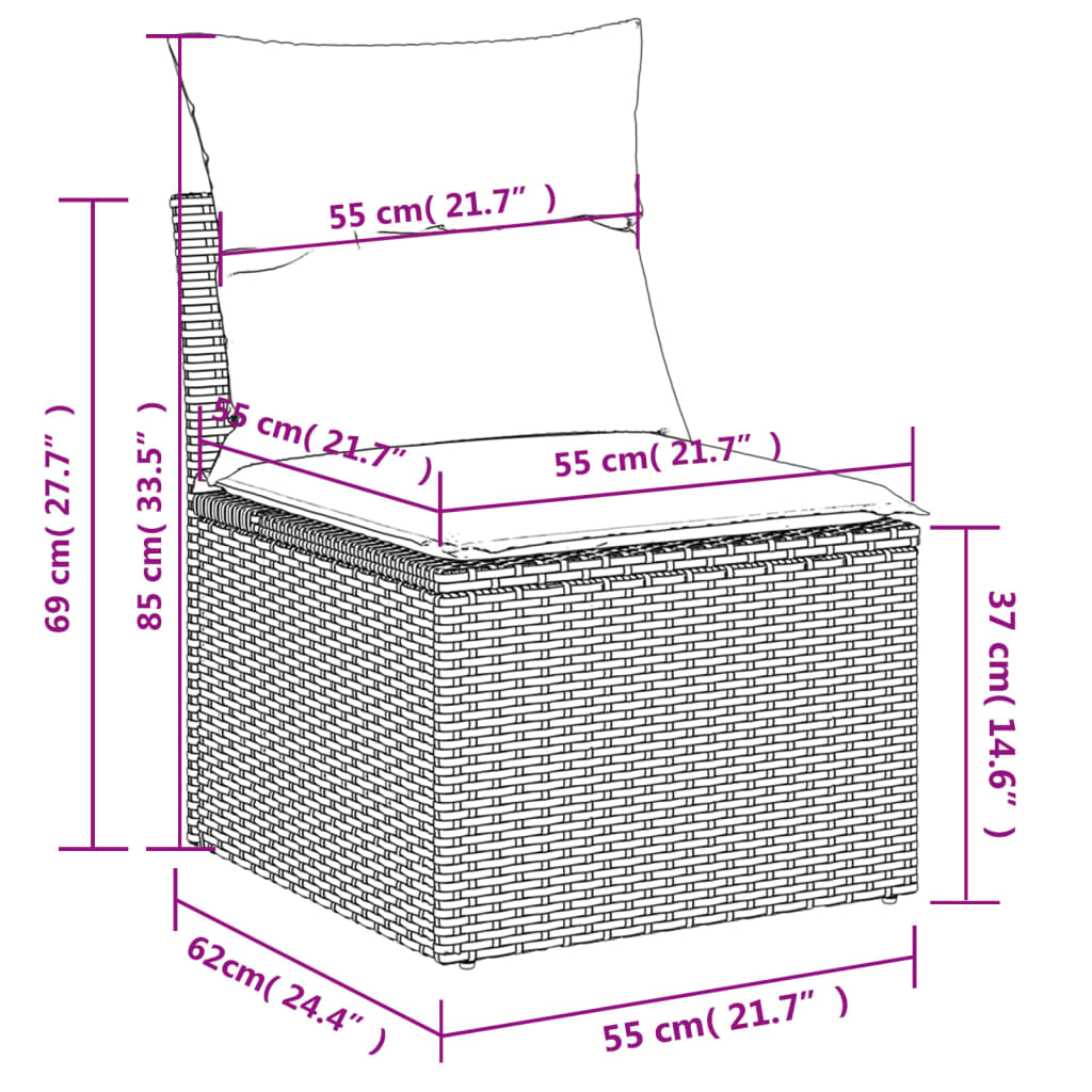 7-teiliges Gartensofa-Set mit Kissen, schwarzes Polyrattan