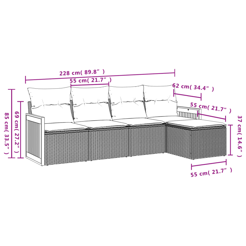 5-tlg. Garten-Sofagarnitur mit Kissen Grau Poly Rattan