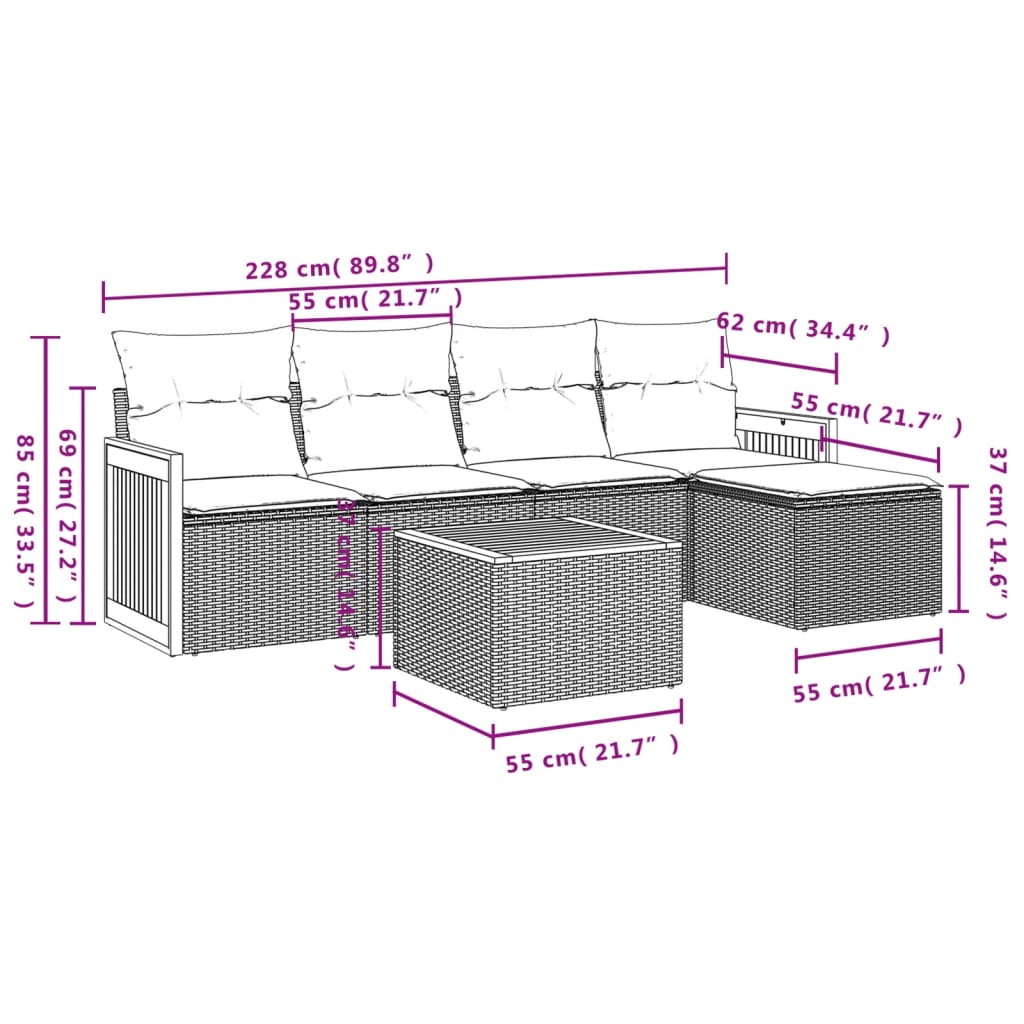 6-teiliges Gartensofa-Set mit Kissen, grau, Polyrattan