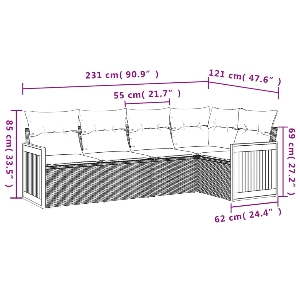 5-teiliges Gartensofa-Set mit Kissen, grau, Polyrattan