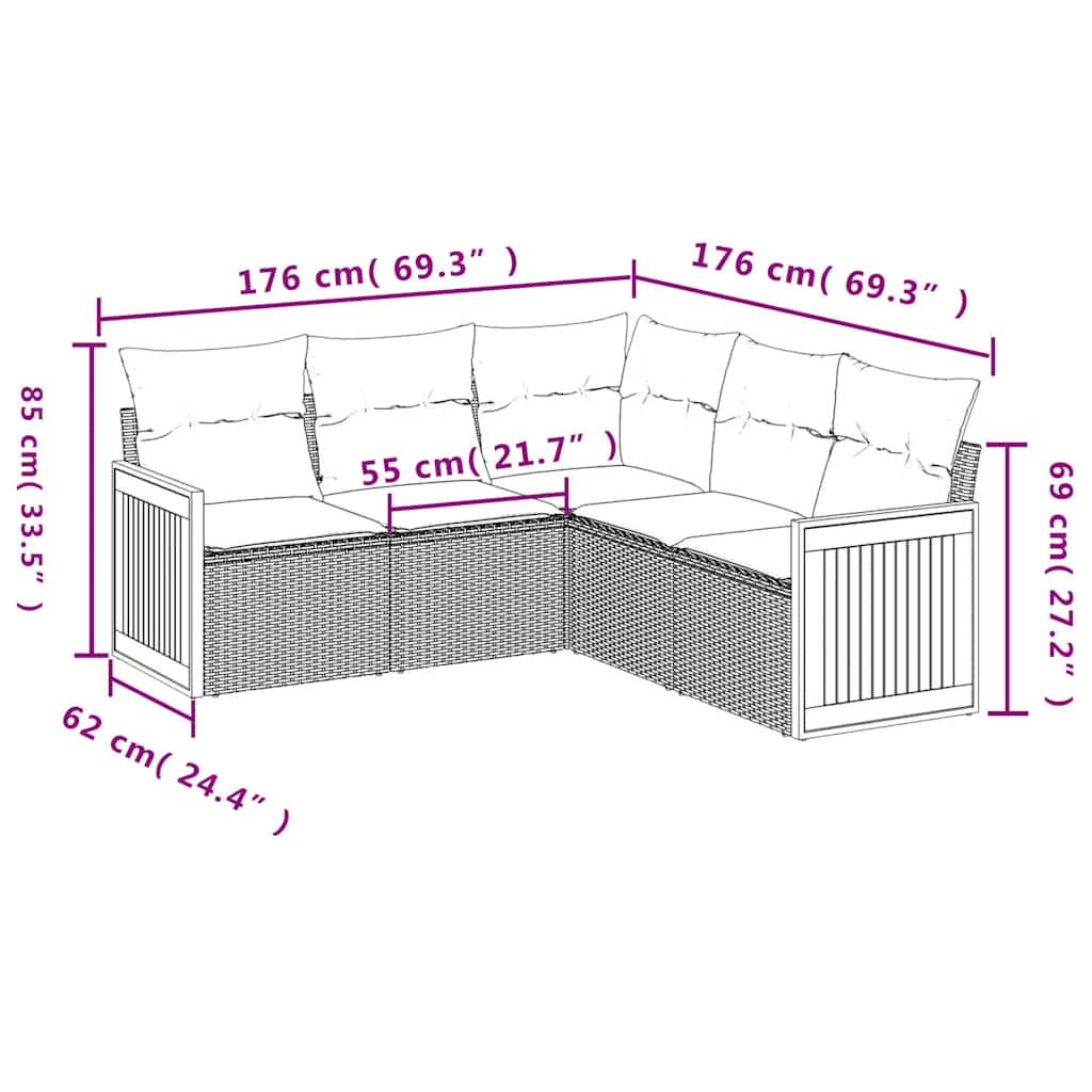 5-tlg. Garten-Sofagarnitur mit Kissen Schwarz Poly Rattan