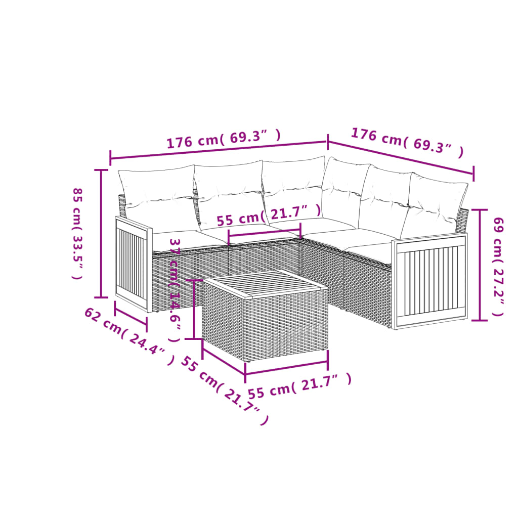 6-teiliges Gartensofa-Set mit Kissen, grau, Polyrattan