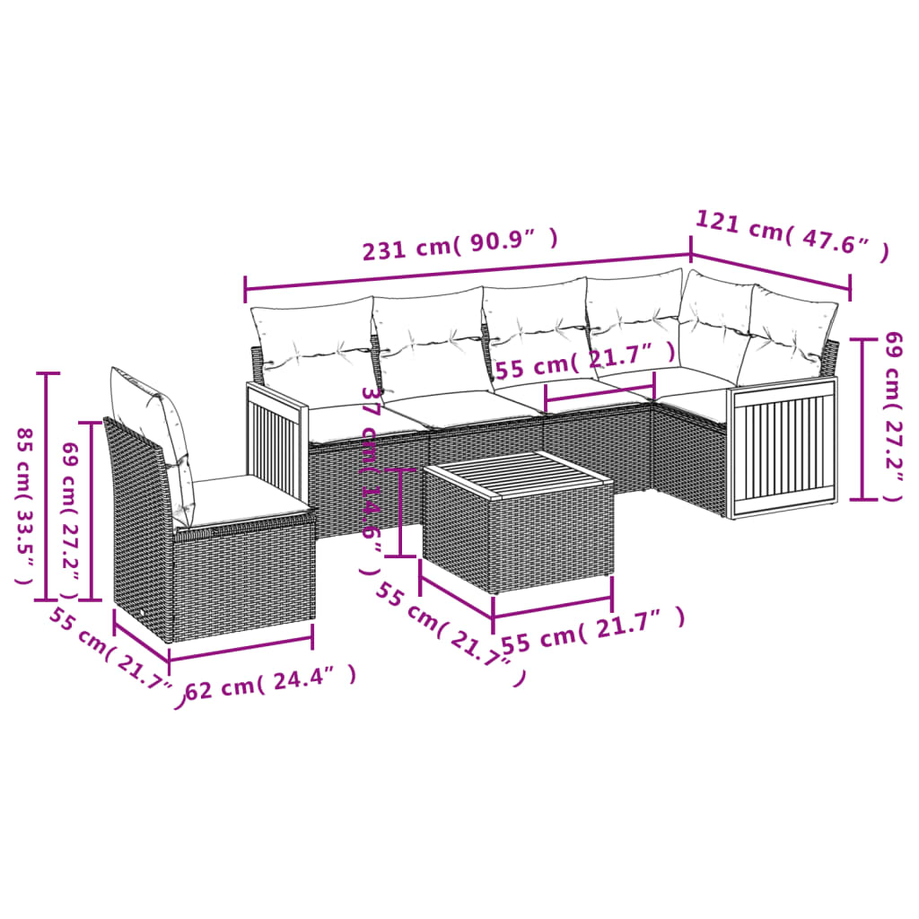 7-teiliges Gartensofa-Set mit Kissen, schwarzes Polyrattan