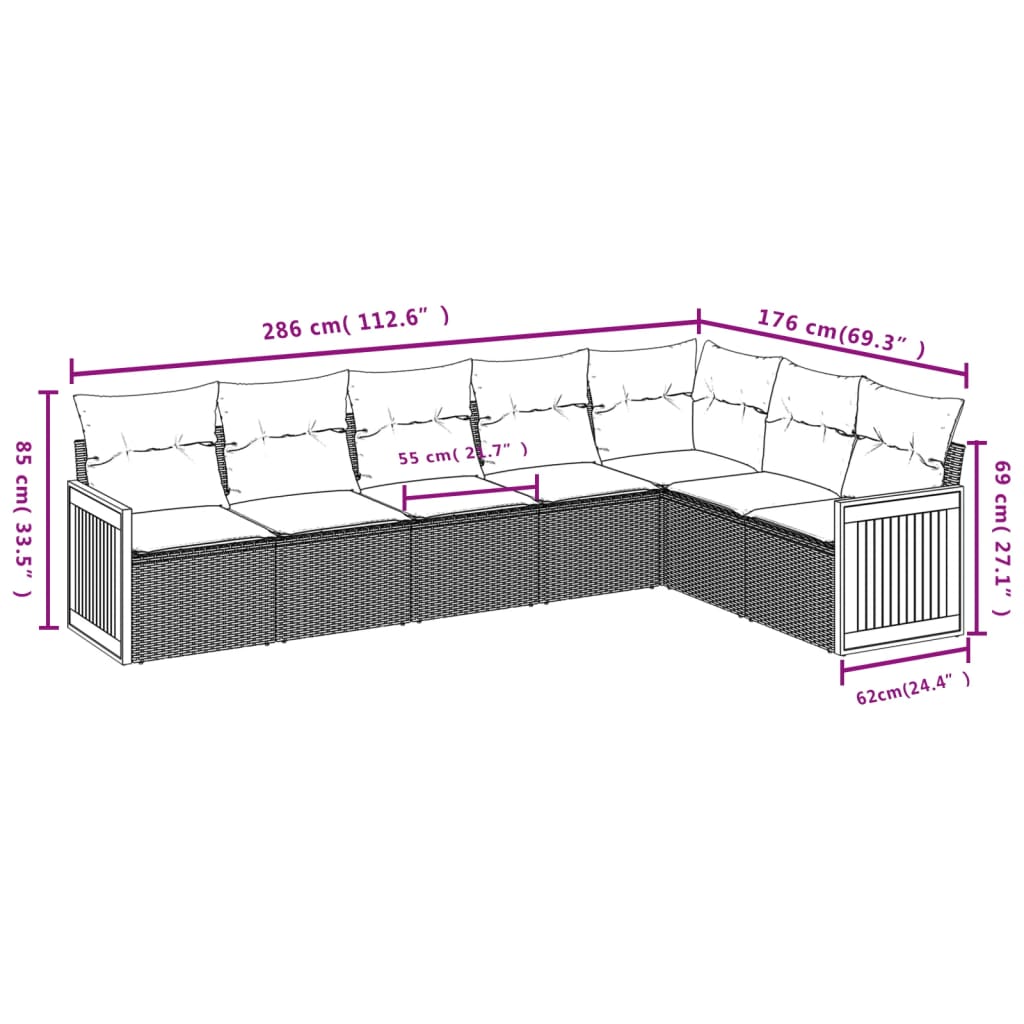 7-teiliges Gartensofa-Set mit Kissen, schwarzes Polyrattan