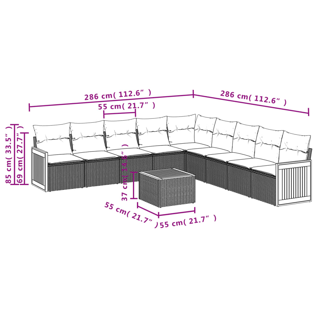 10-teiliges Gartensofa-Set mit Kissen, grau, Polyrattan