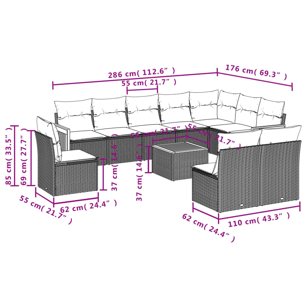11-teiliges Gartensofa-Set mit Kissen, schwarzes Polyrattan