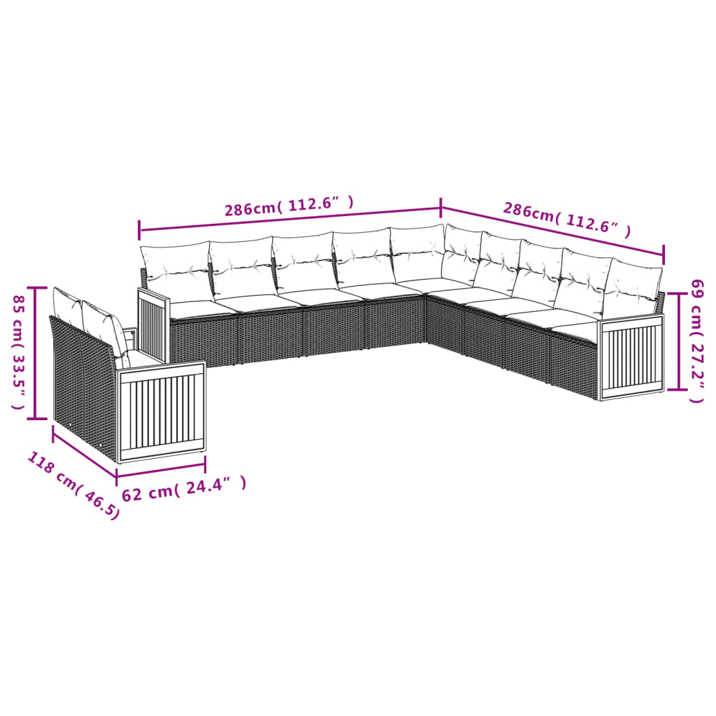11-teiliges Gartensofa-Set mit Kissen, grau, Polyrattan