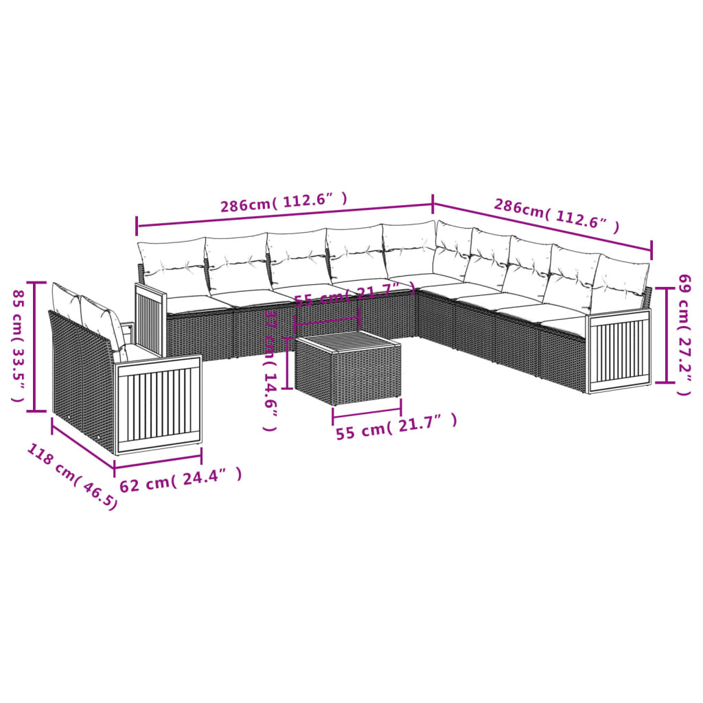 12-teiliges Gartensofa-Set mit Kissen, schwarzes Polyrattan