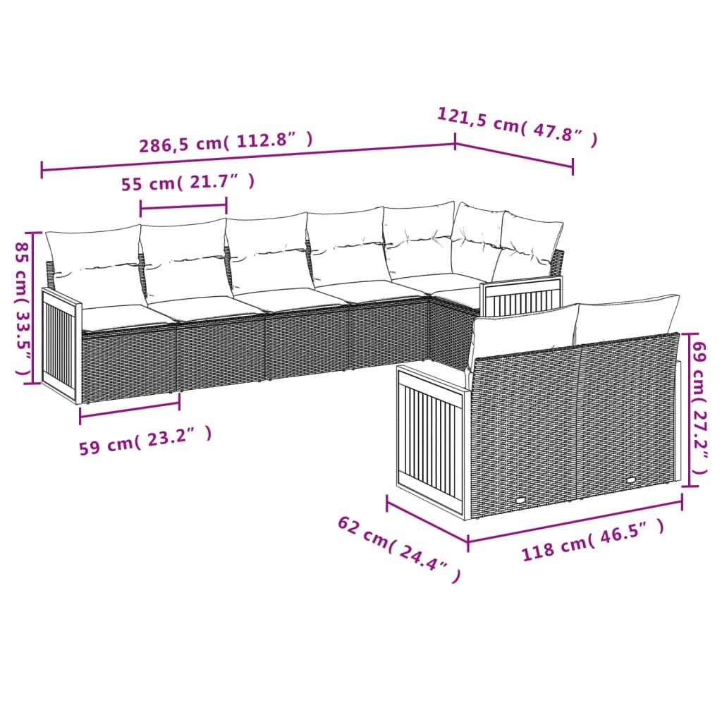 8-teiliges Gartensofa-Set mit Kissen, schwarzes Polyrattan
