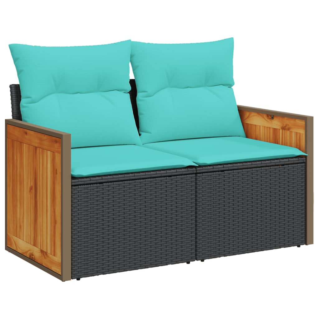 9-teiliges Gartensofa-Set mit Kissen, schwarzes Polyrattan