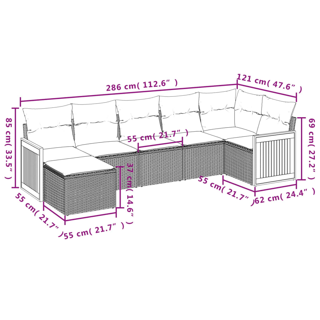7-teiliges Gartensofa-Set mit Kissen, grau, Polyrattan