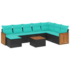 9-teiliges Gartensofa-Set mit Kissen, schwarzes Polyrattan