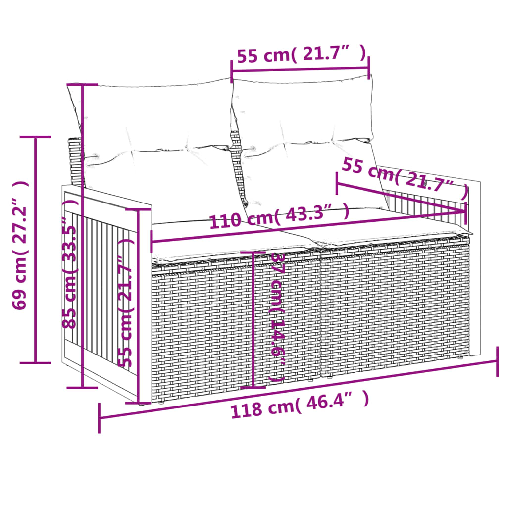 9-teiliges Gartensofa-Set mit Kissen, schwarzes Polyrattan