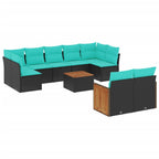 10-teiliges Gartensofa-Set mit Kissen, schwarzes Polyrattan