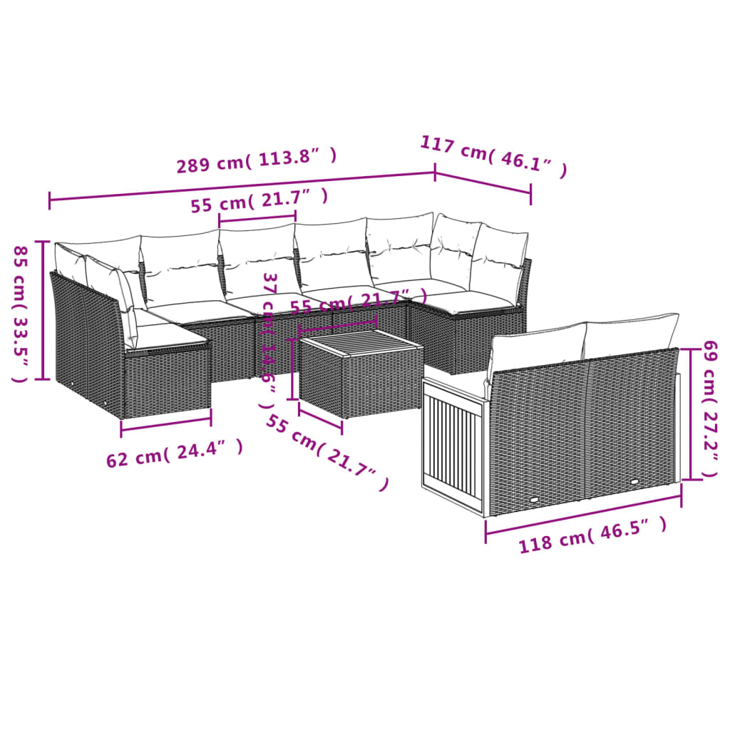 10-teiliges Gartensofa-Set mit Kissen, schwarzes Polyrattan