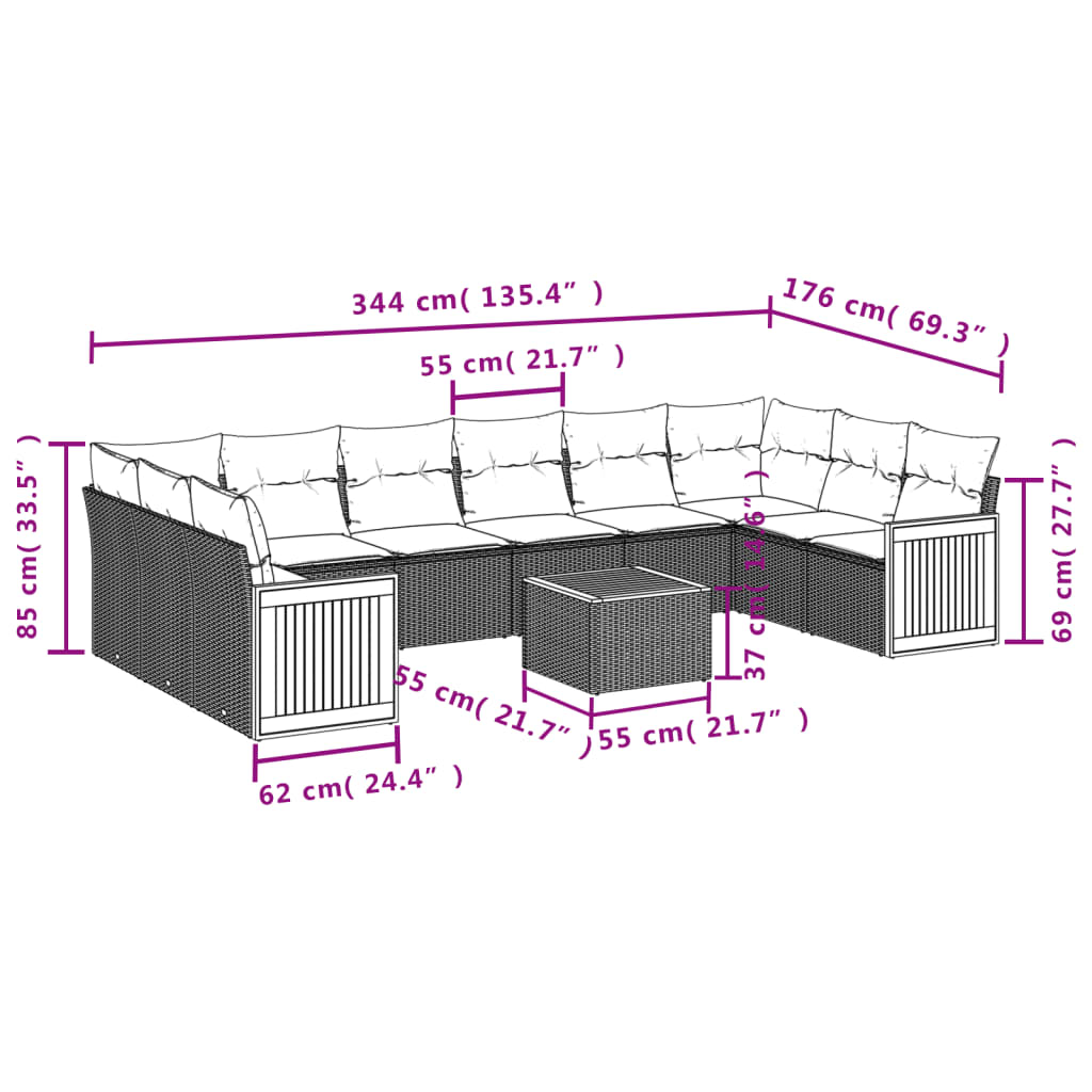 11-teiliges Gartensofa-Set mit Kissen, grau, Polyrattan