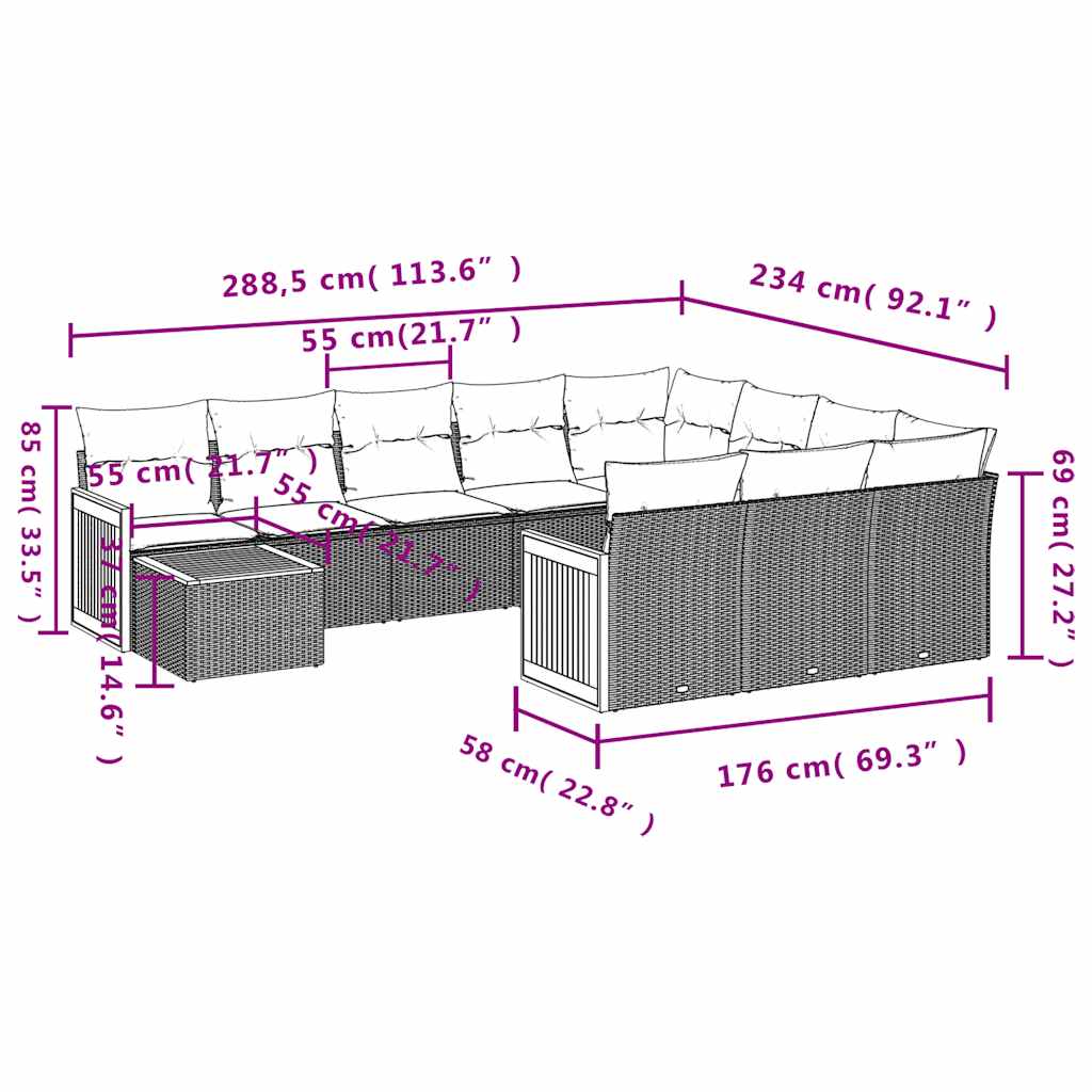 11-teiliges Gartensofa-Set mit Kissen, schwarzes Polyrattan