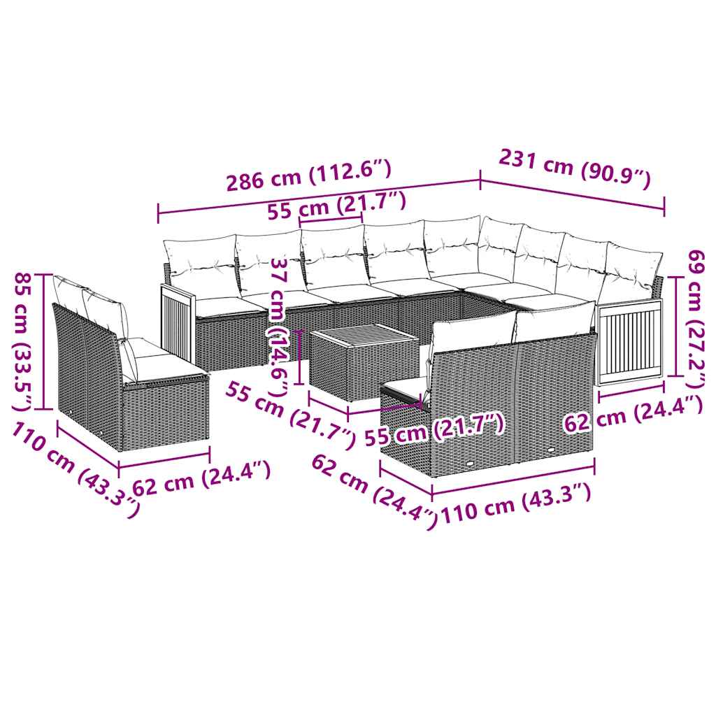 13-tlg. Garten-Sofagarnitur mit Kissen Schwarz Poly Rattan