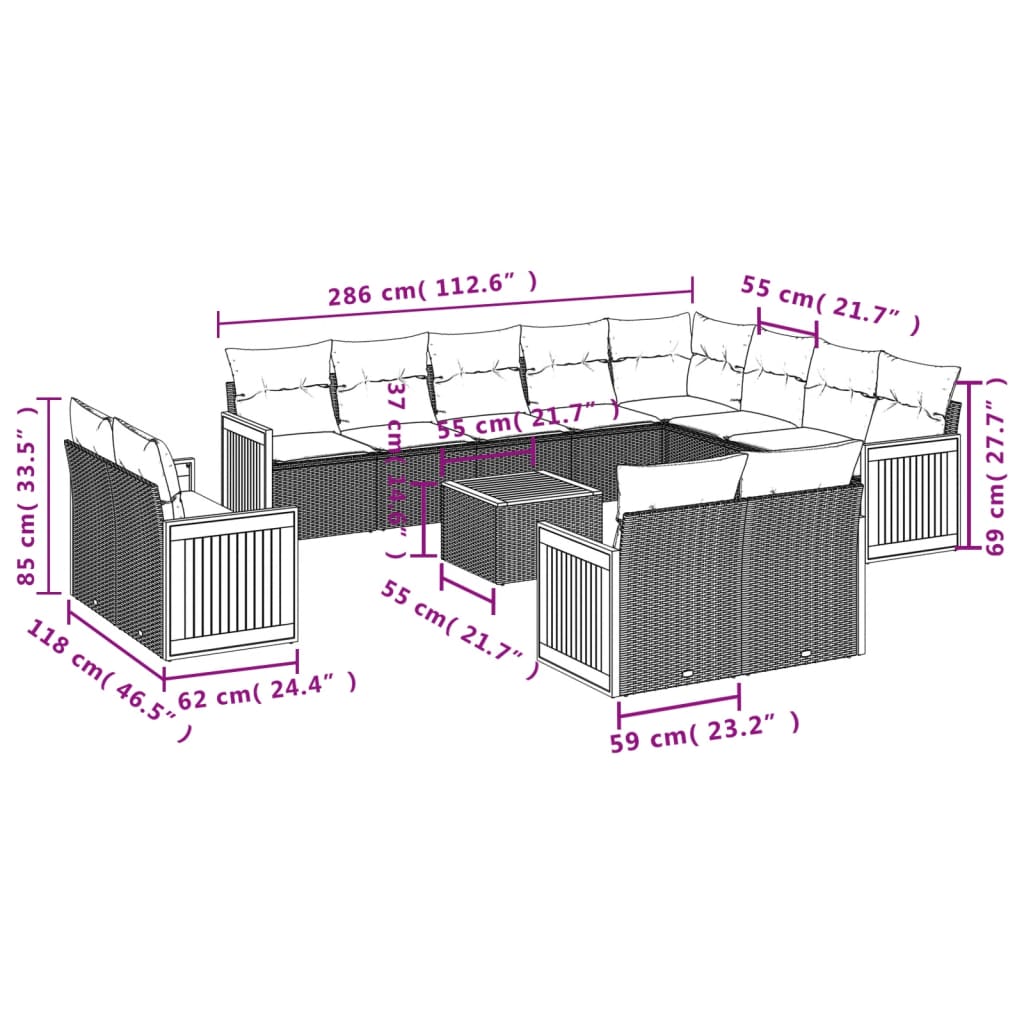 13-teiliges Gartensofa-Set mit Kissen, schwarzes Polyrattan