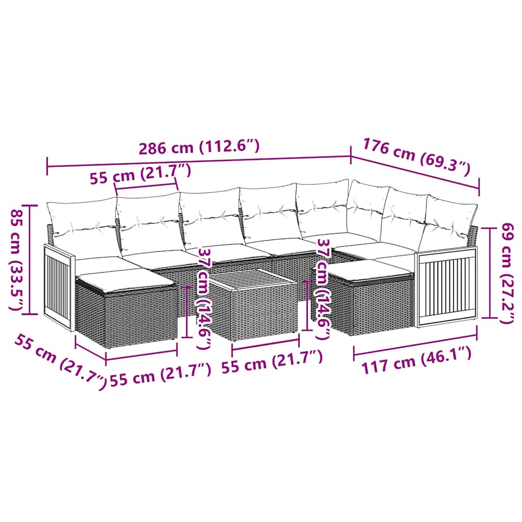 10-tlg. Garten-Sofagarnitur mit Kissen Schwarz Poly Rattan