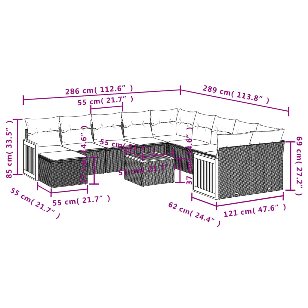 12-teiliges Gartensofa-Set mit Kissen, schwarzes Polyrattan
