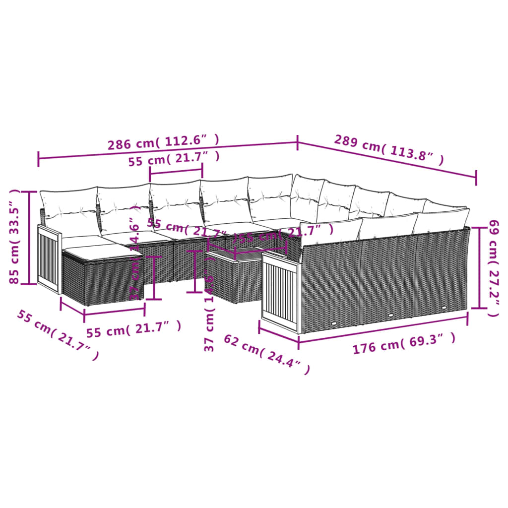 13-teiliges Gartensofa-Set mit Kissen, grau, Polyrattan