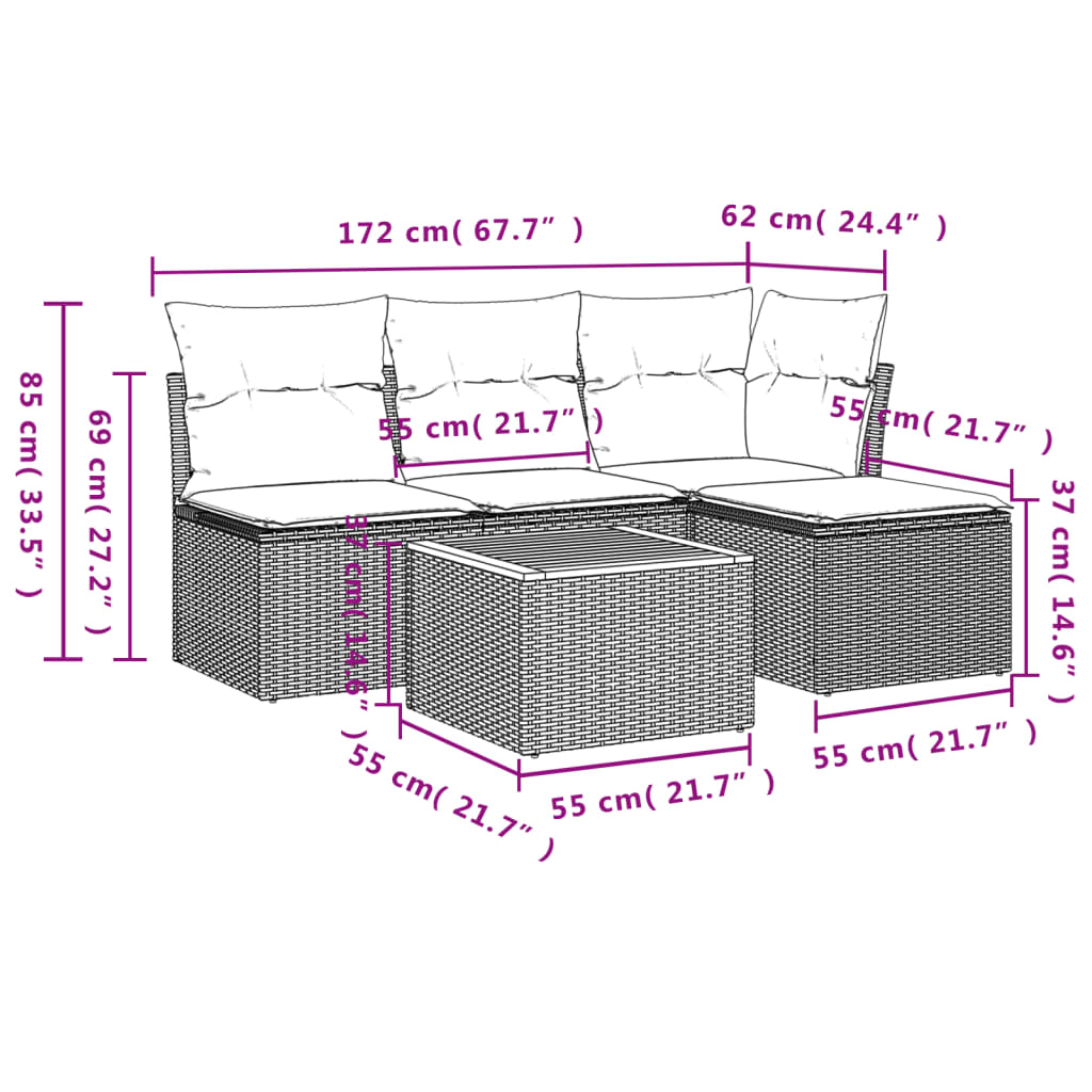 5-tlg. Garten-Sofagarnitur mit Kissen Schwarz Poly Rattan