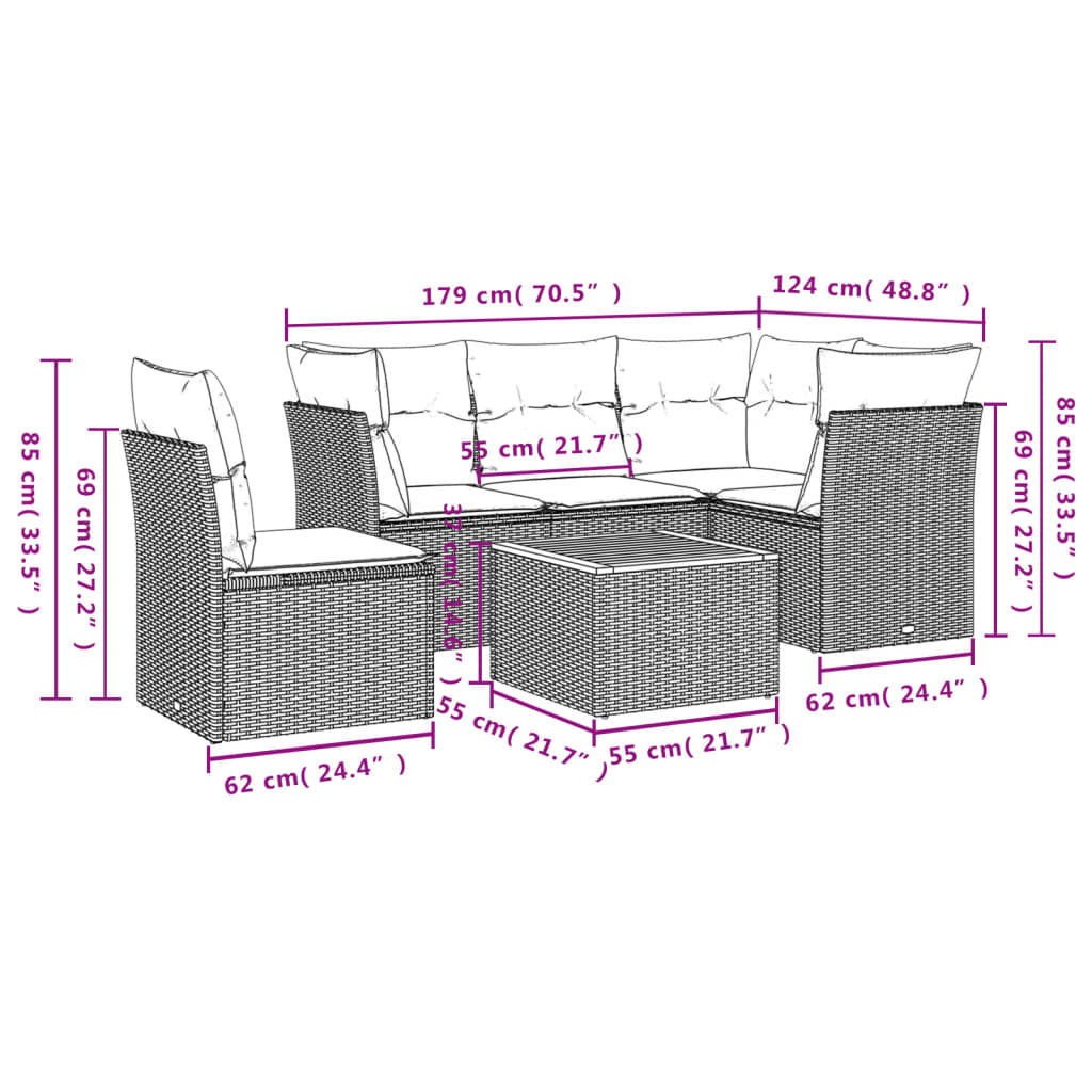 6-tlg. Garten-Sofagarnitur mit Kissen Grau Poly Rattan