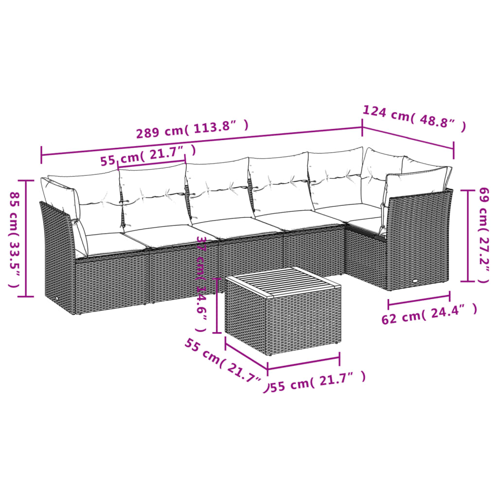 7-tlg. Garten-Sofagarnitur mit Kissen Grau Poly Rattan