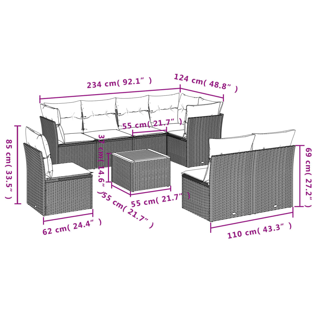 9-tlg. Garten-Sofagarnitur mit Kissen Grau Poly Rattan