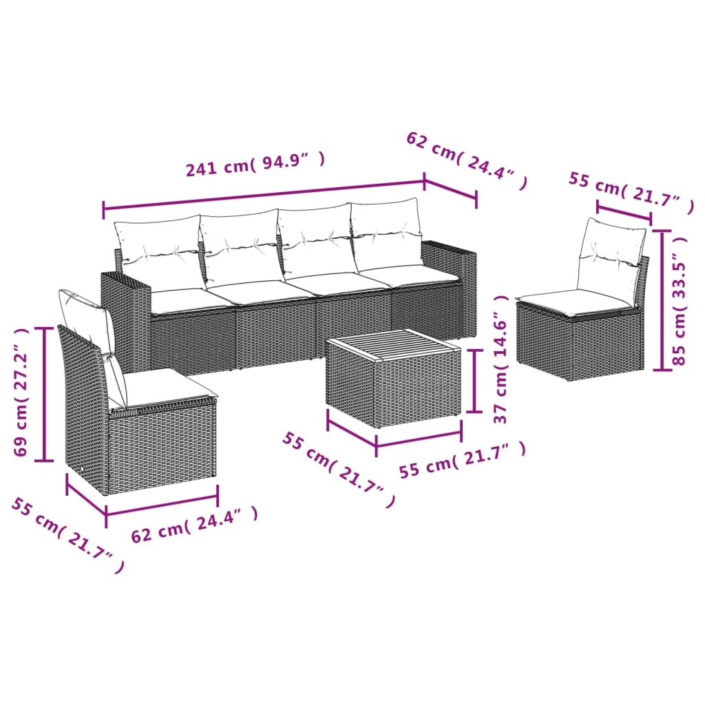 7-tlg. Garten-Sofagarnitur mit Kissen Schwarz Poly Rattan