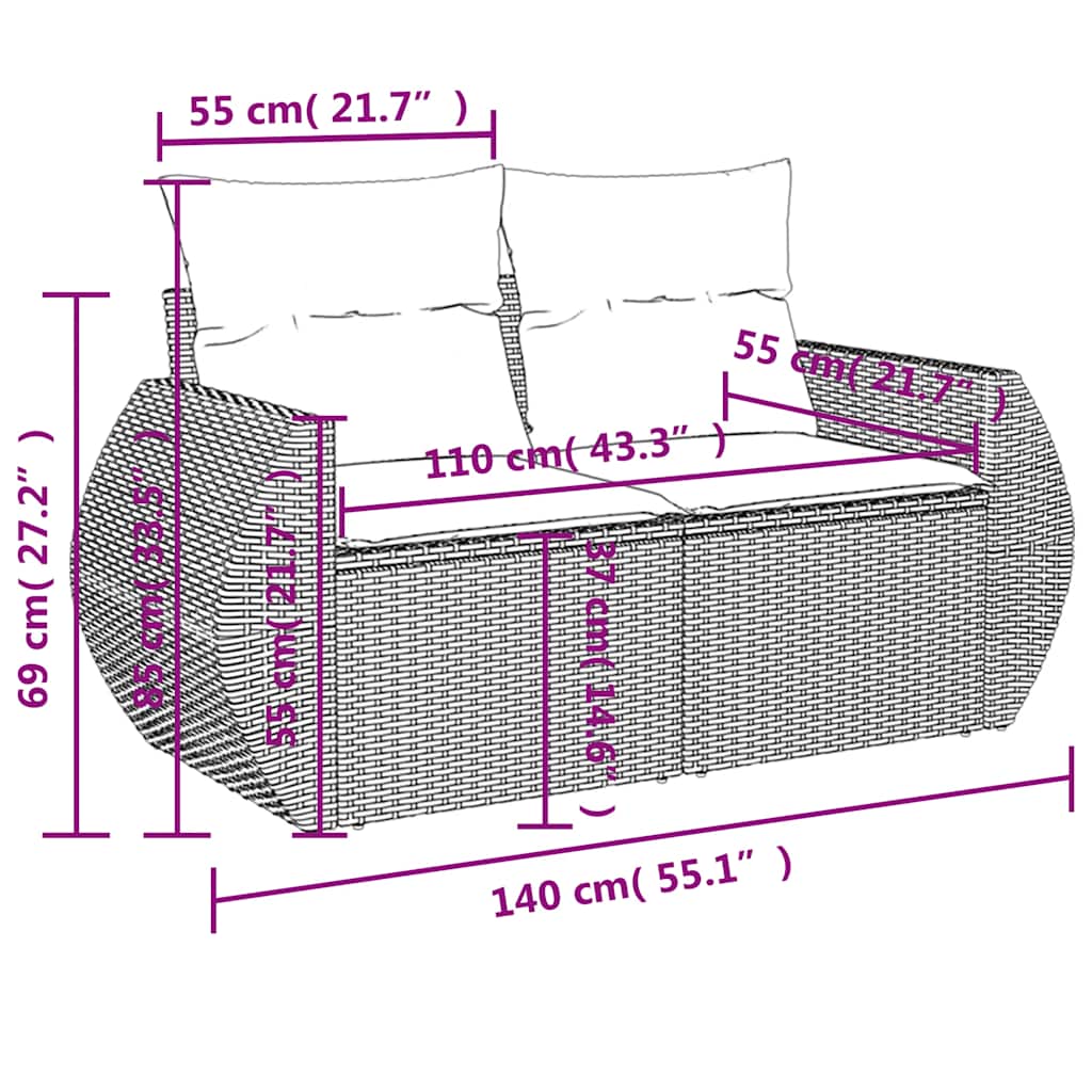 5-teiliges Gartensofa-Set mit Kissen, grau, Polyrattan