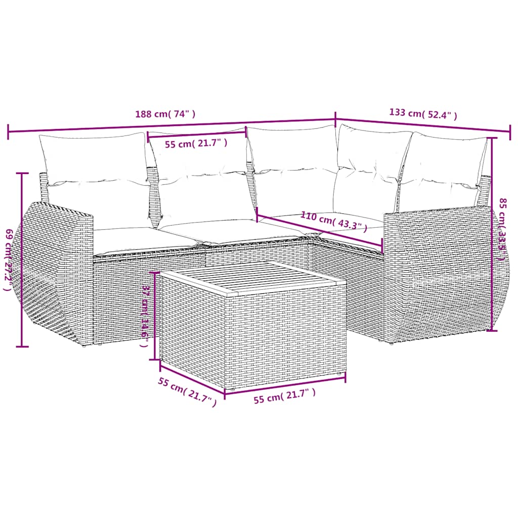 5-teiliges Gartensofa-Set mit Kissen, grau, Polyrattan