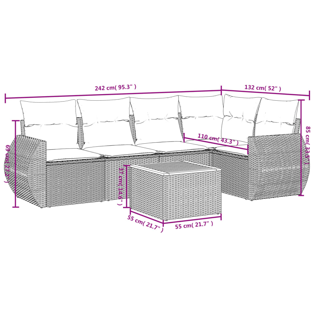 6-tlg. Garten-Sofagarnitur mit Kissen Schwarz Poly Rattan