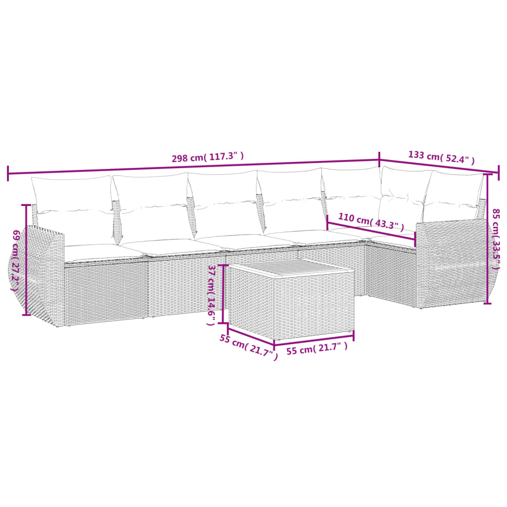 7-teiliges Gartensofa-Set mit Kissen, grau, Polyrattan