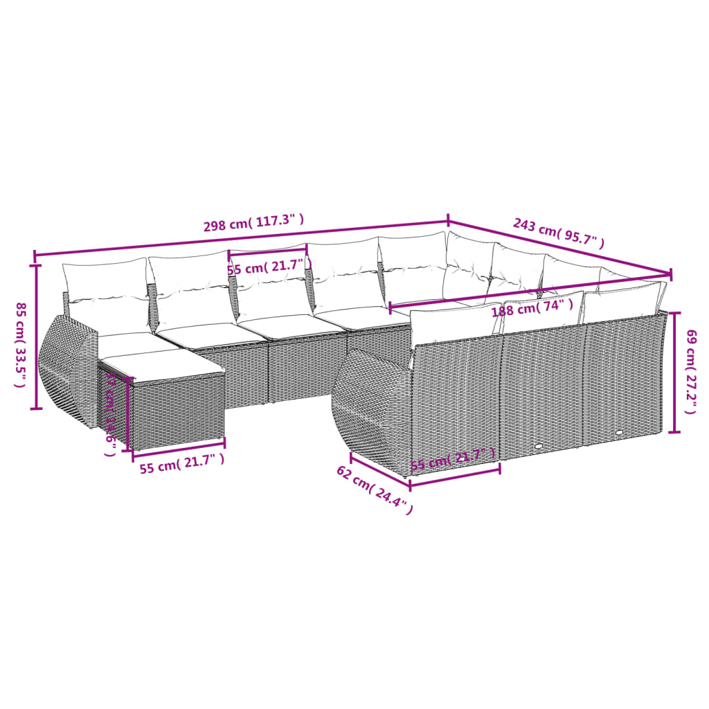 11-teiliges Gartensofa-Set mit Kissen, grau, Polyrattan