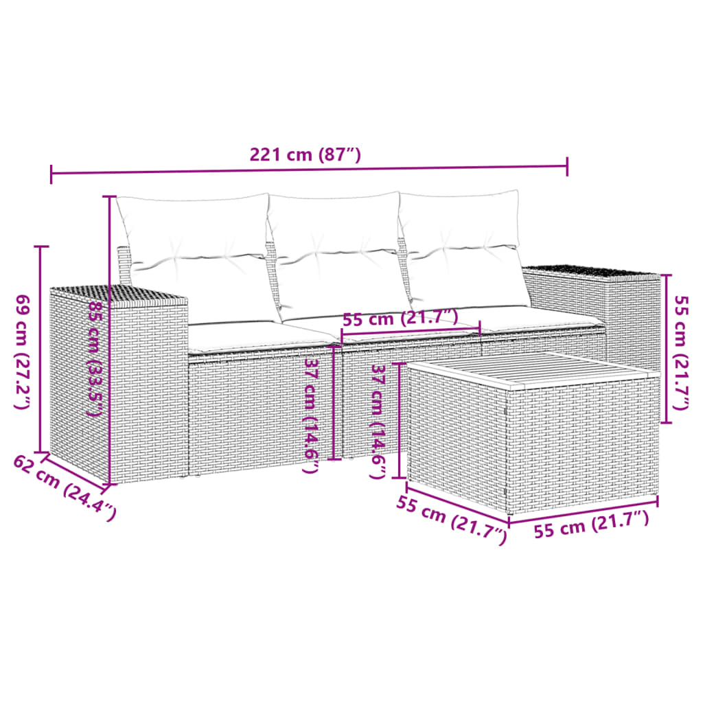 4-tlg. Garten-Sofagarnitur mit Kissen Schwarz Poly Rattan