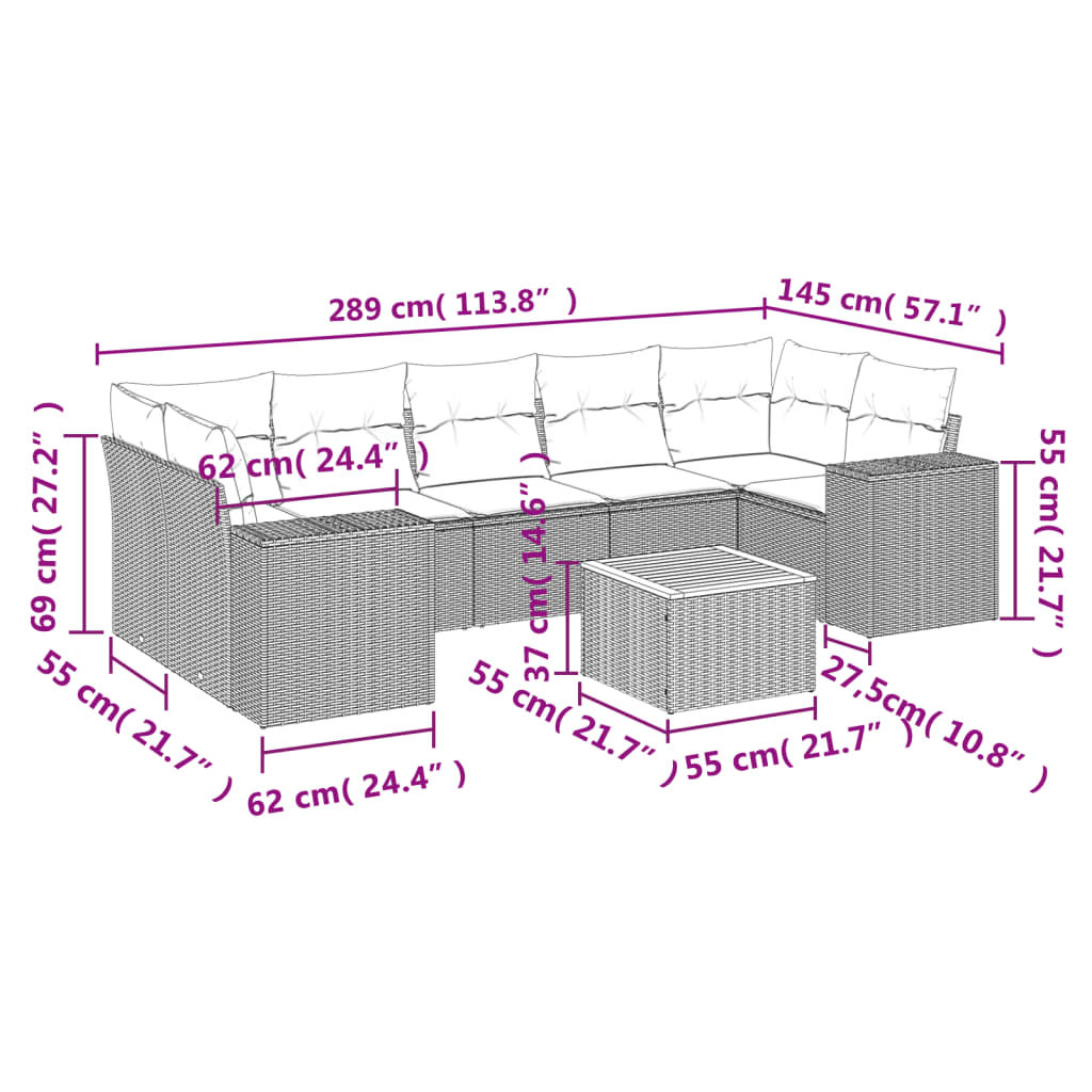 8-tlg. Garten-Sofagarnitur mit Kissen Grau Poly Rattan