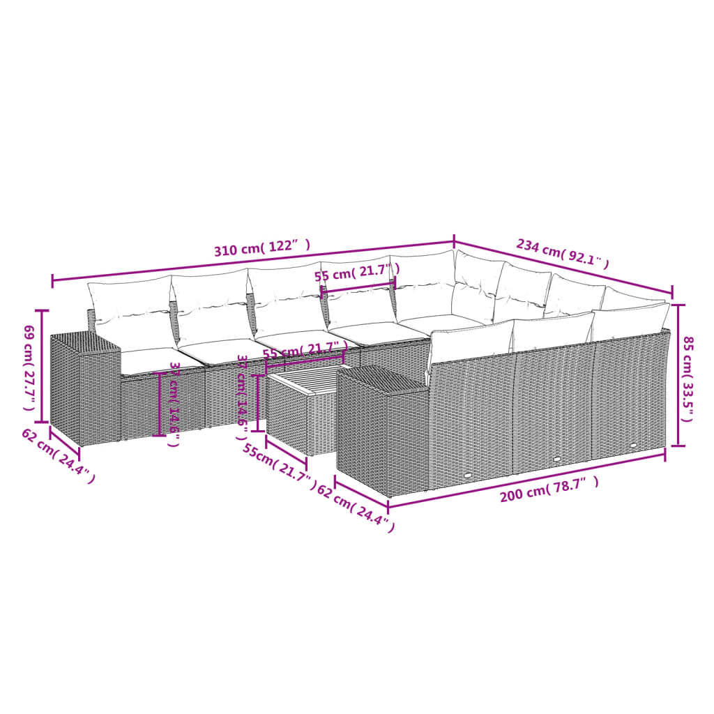 11-teiliges Gartensofa-Set mit Kissen, schwarzes Polyrattan