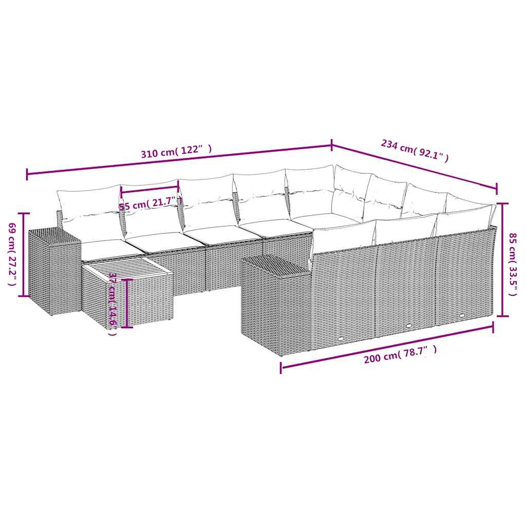 11-teiliges Gartensofa-Set mit Kissen, grau, Polyrattan