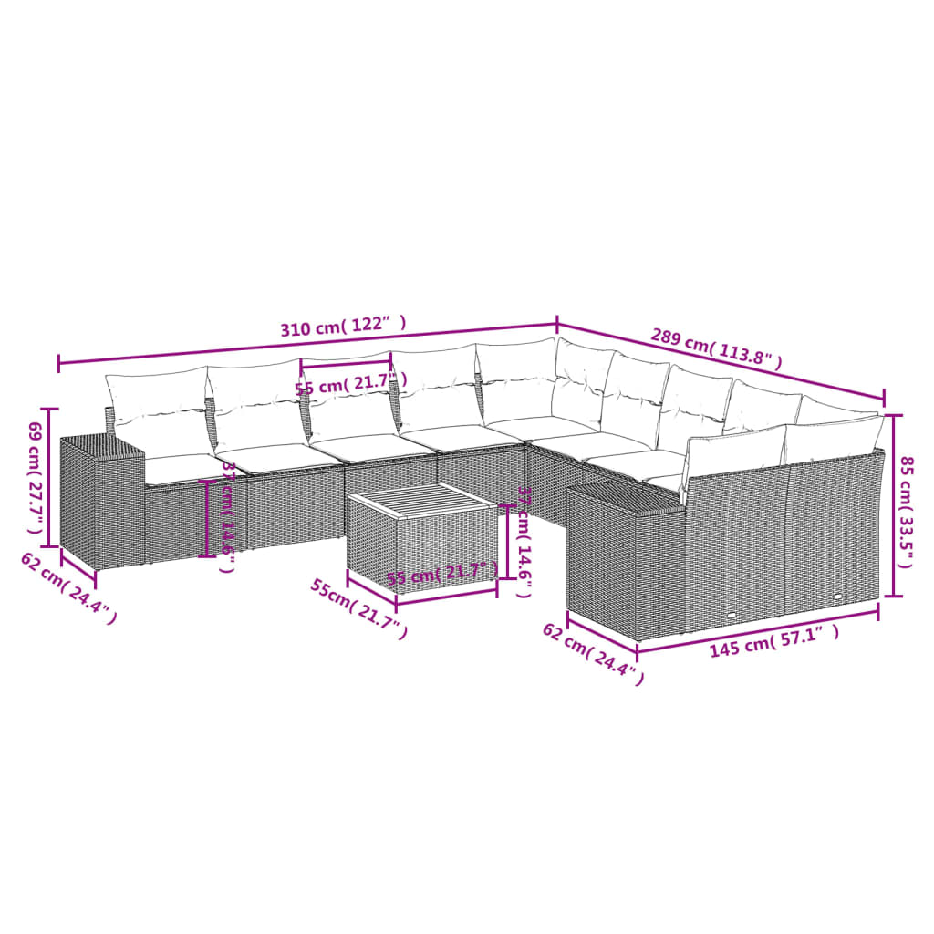 11-teiliges Gartensofa-Set mit Kissen, schwarzes Polyrattan