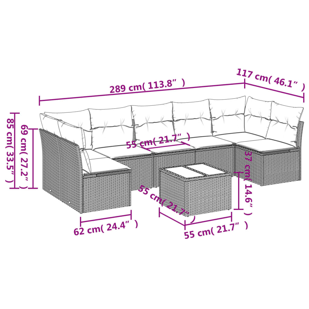 8-tlg. Garten-Sofagarnitur mit Kissen Grau Poly Rattan