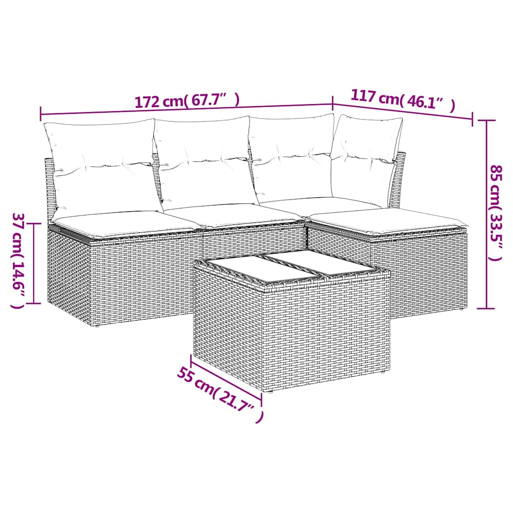 5-tlg. Garten-Sofagarnitur mit Kissen Schwarz Poly Rattan