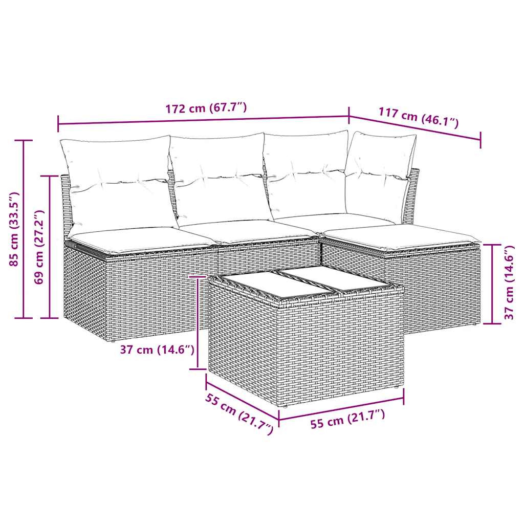 5-tlg. Garten-Sofagarnitur mit Kissen Beige Poly Rattan