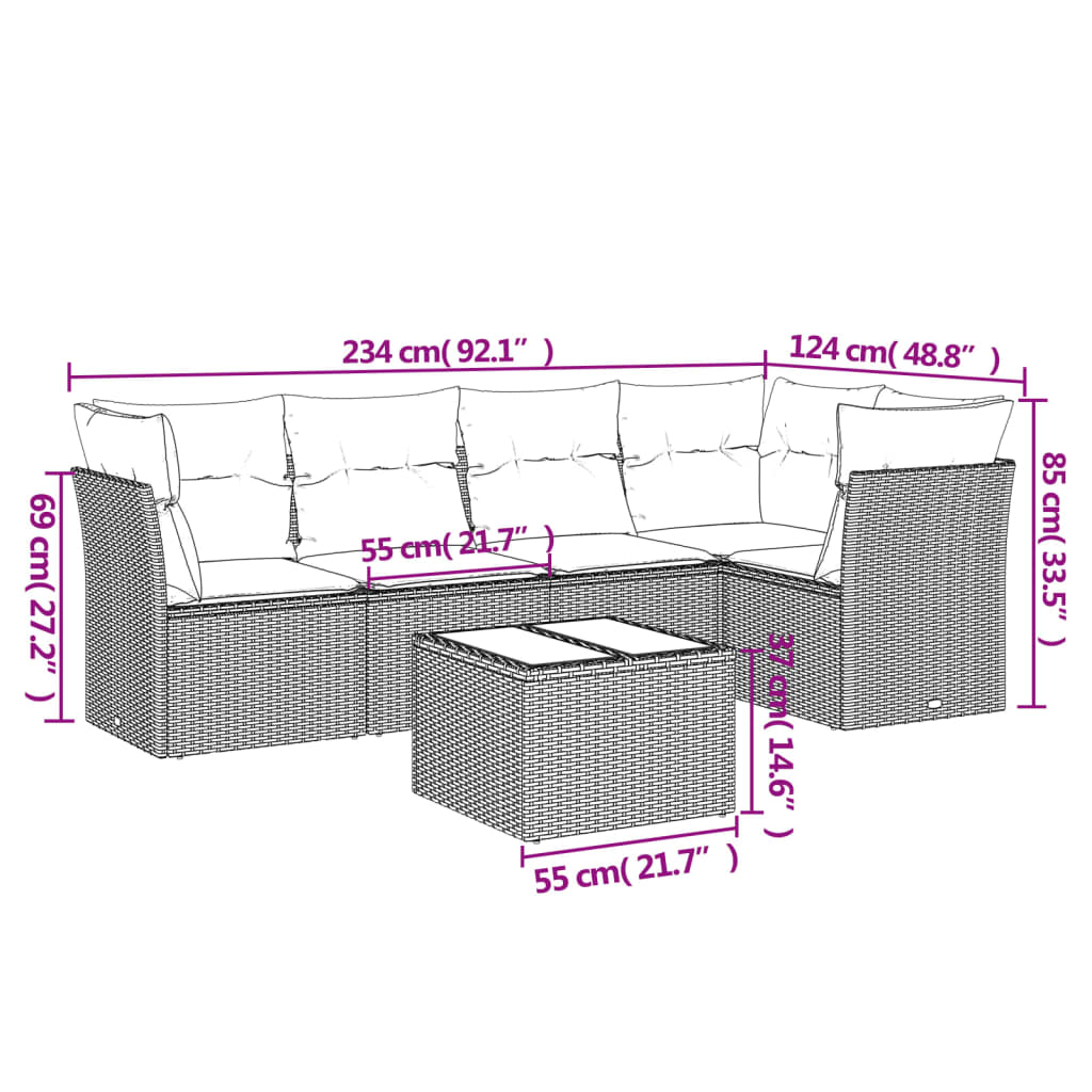 6-tlg. Garten-Sofagarnitur mit Kissen Braun Poly Rattan