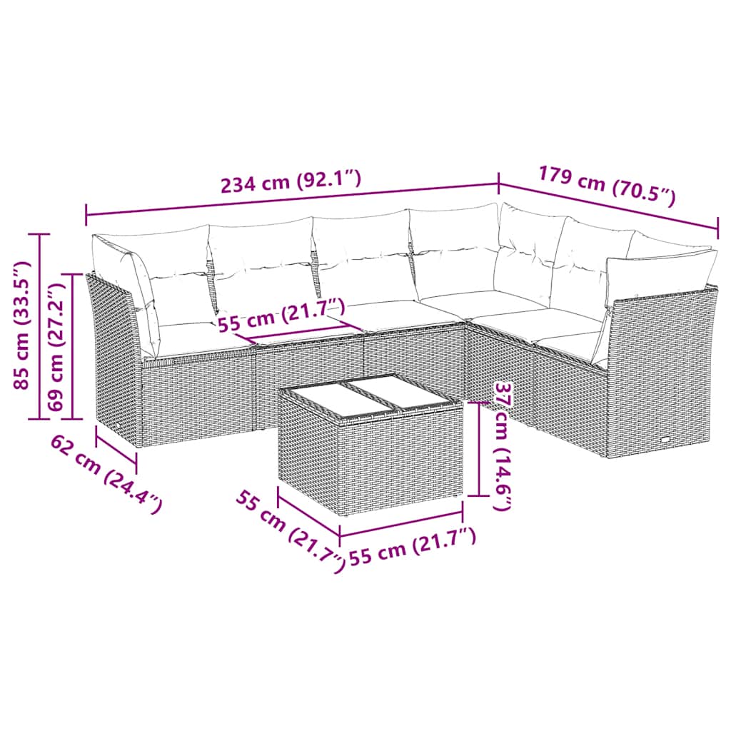 7-tlg. Garten-Sofagarnitur mit Kissen Schwarz Poly Rattan