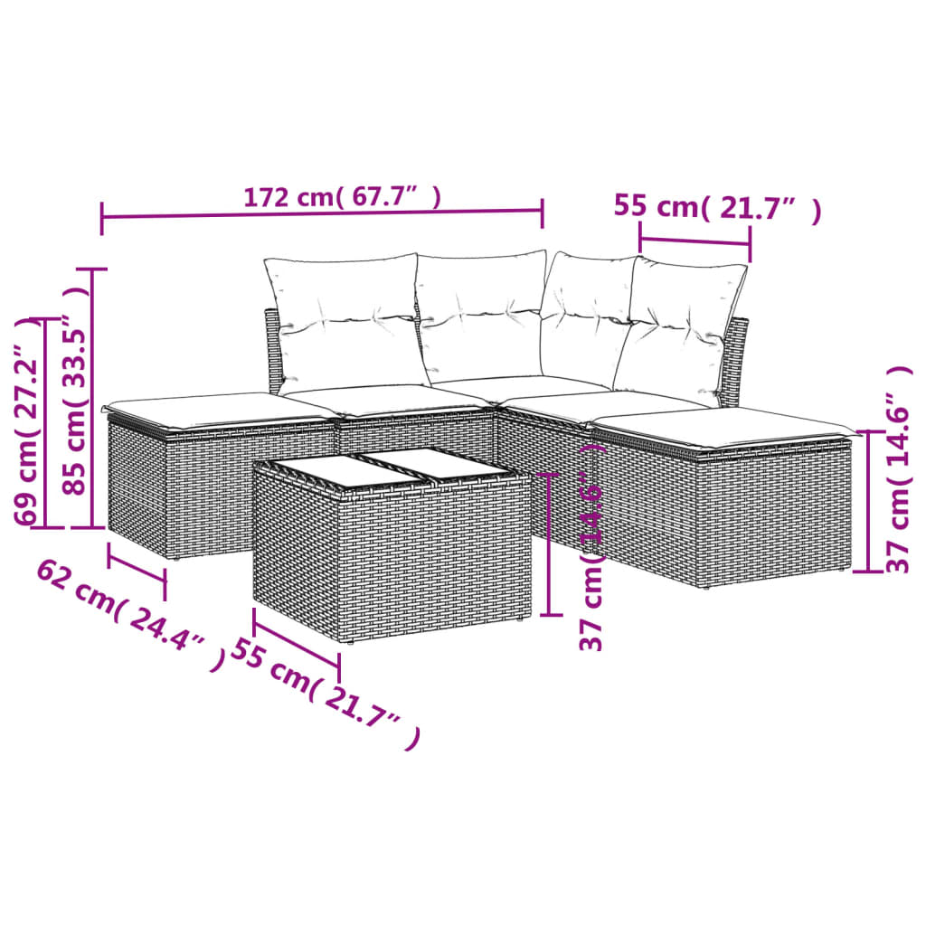 6-tlg. Garten-Sofagarnitur mit Kissen Braun Poly Rattan